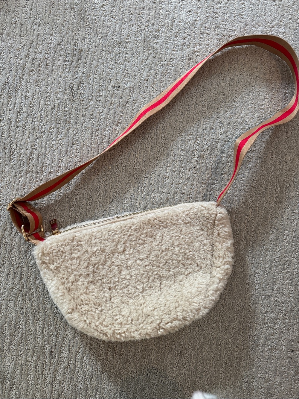 Anthropologie Cream Shearling Crossbody with Striped Strap